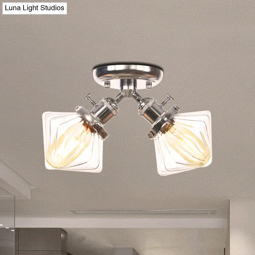 Diamond Amber/Clear Glass Semi Mount Farmhouse Light Fixture - 2 - Light Flush Black/Bronze Design