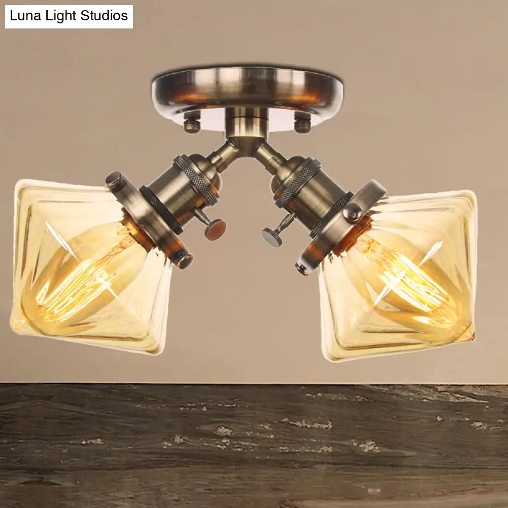 Diamond Amber/Clear Glass Semi Mount Farmhouse Light Fixture - 2-Light Flush Black/Bronze Design