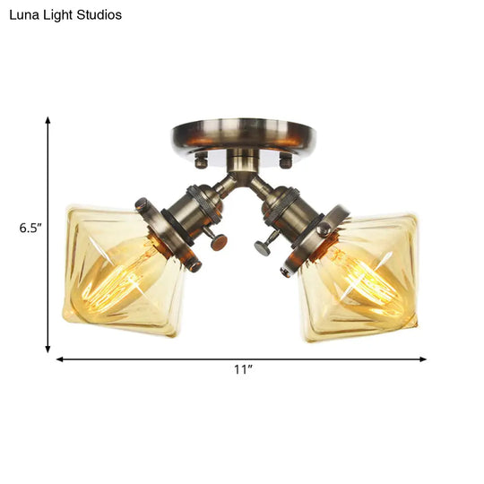 Diamond Amber/Clear Glass Semi Mount Farmhouse Light Fixture - 2-Light Flush Black/Bronze Design