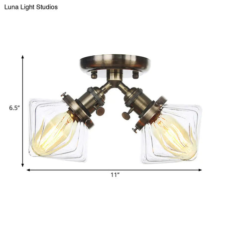Diamond Amber/Clear Glass Semi Mount Farmhouse Light Fixture - 2 - Light Flush Black/Bronze Design