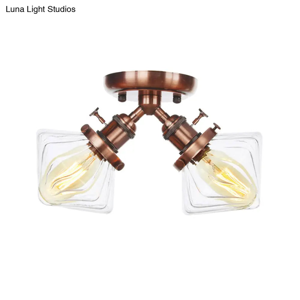 Diamond Amber/Clear Glass Semi Mount Farmhouse Light Fixture - 2-Light Flush Black/Bronze Design