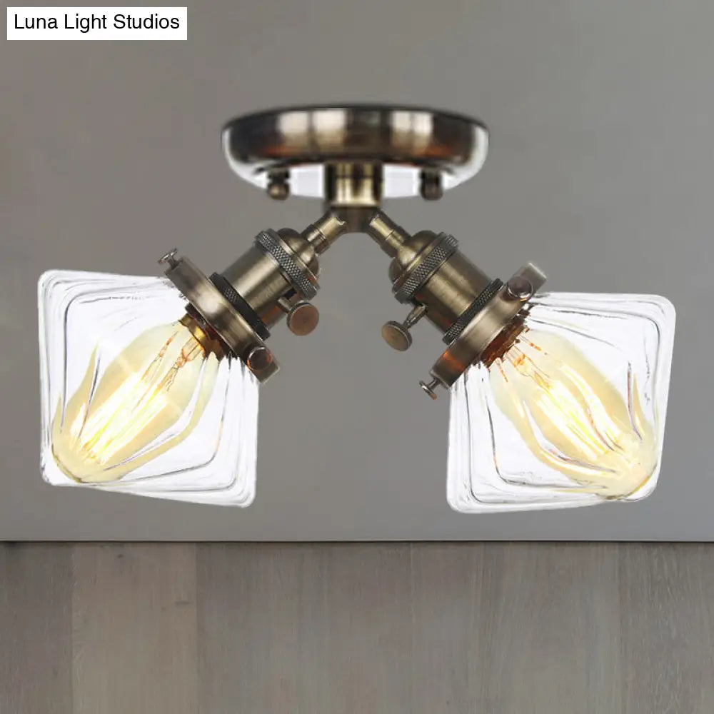 Diamond Amber/Clear Glass Semi Mount Farmhouse Light Fixture - 2-Light Flush Black/Bronze Design