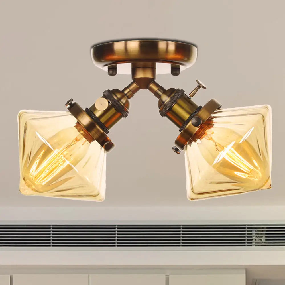 Diamond Amber/Clear Glass Semi Mount Farmhouse Light Fixture - 2 - Light Flush Black/Bronze Design