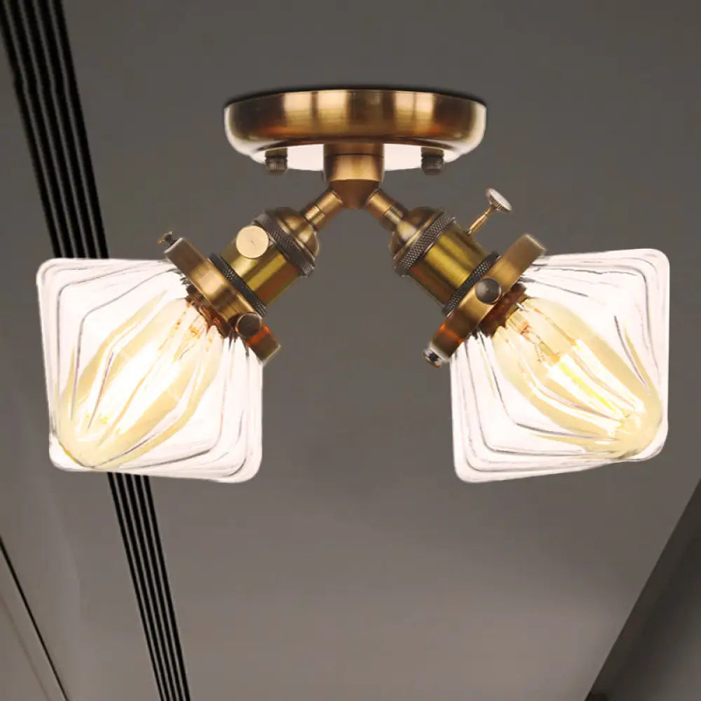 Diamond Amber/Clear Glass Semi Mount Farmhouse Light Fixture - 2 - Light Flush Black/Bronze Design