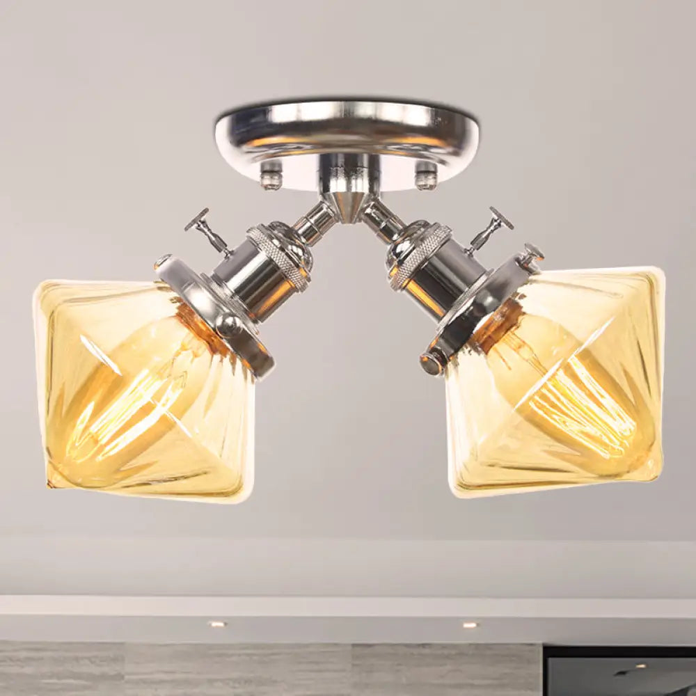 Diamond Amber/Clear Glass Semi Mount Farmhouse Light Fixture - 2 - Light Flush Black/Bronze Design