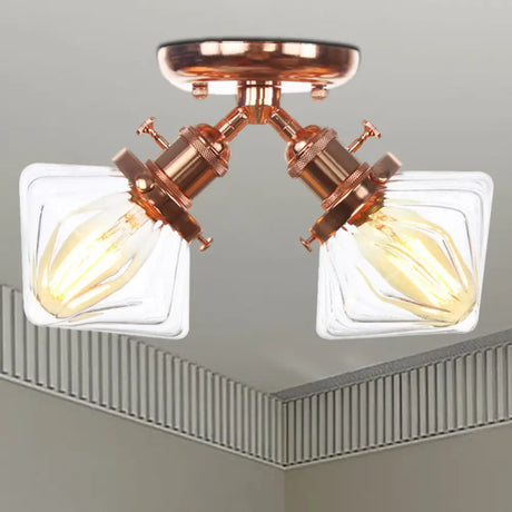 Diamond Amber/Clear Glass Semi Mount Farmhouse Light Fixture - 2 - Light Flush Black/Bronze Design
