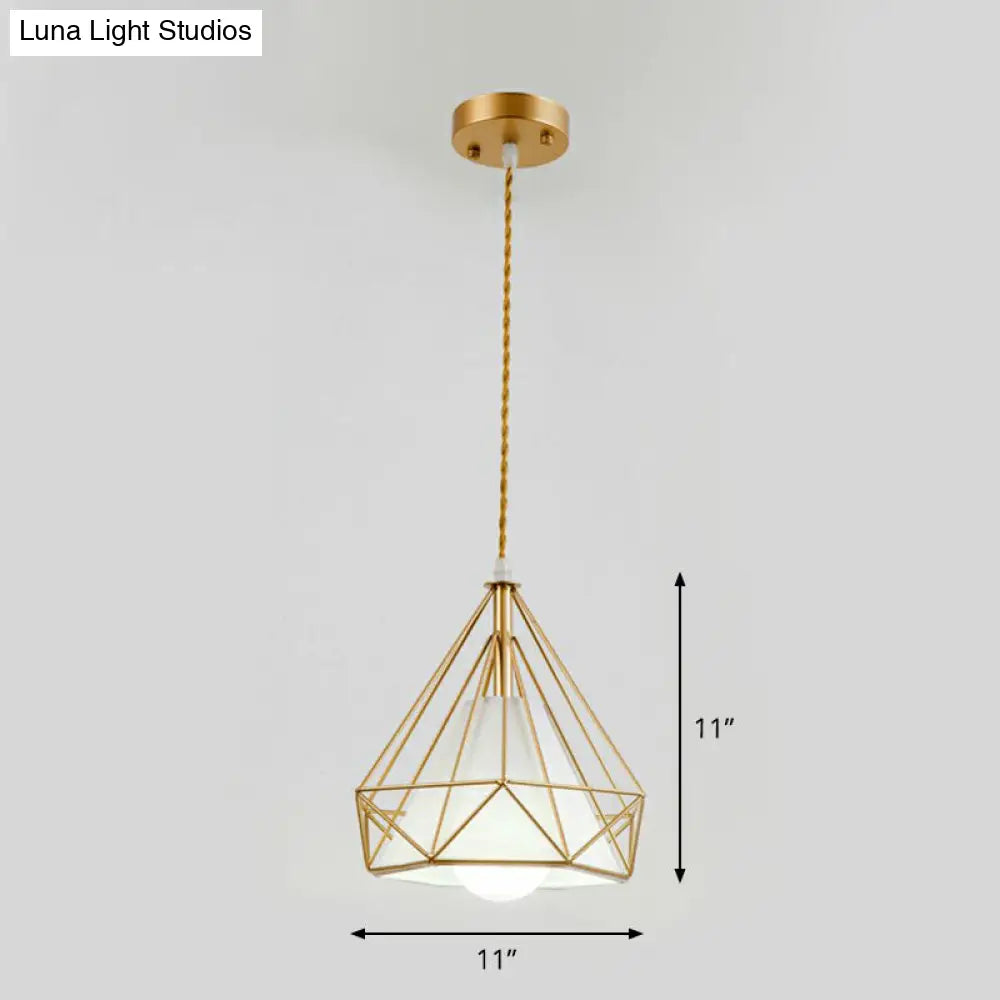 Antique Diamond Cage Iron Pendant Light Fixture For Dining Room Gold / White