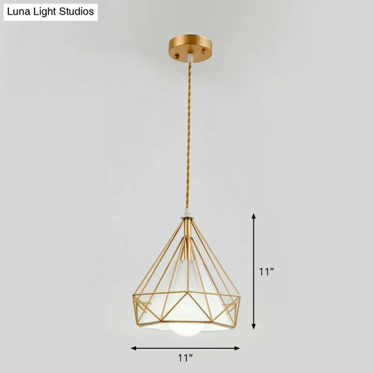 Antique Diamond Cage Iron Pendant Light Fixture For Dining Room Gold / White