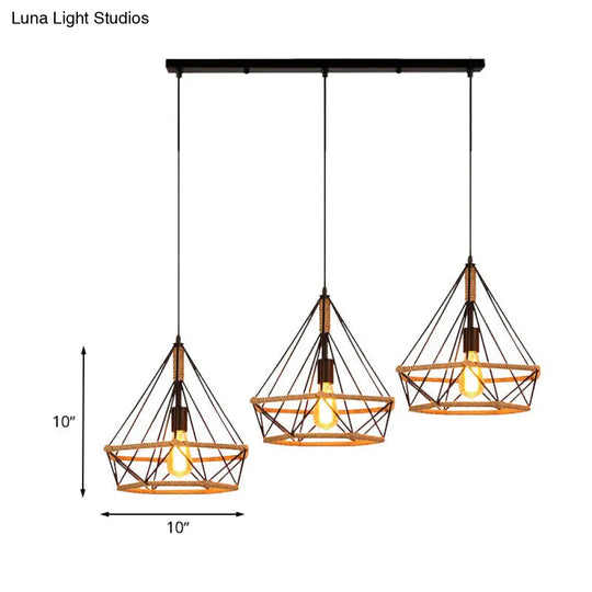 Stylish Diamond Cage Pendant Lamp - 3-Light Metal And Rope Hanging Fixture With Black Round/Linear