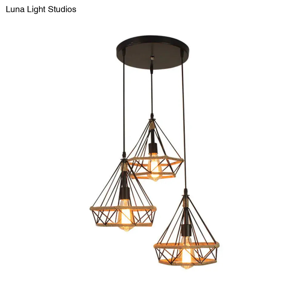 Stylish Diamond Cage Pendant Lamp - 3-Light Metal And Rope Hanging Fixture With Black Round/Linear