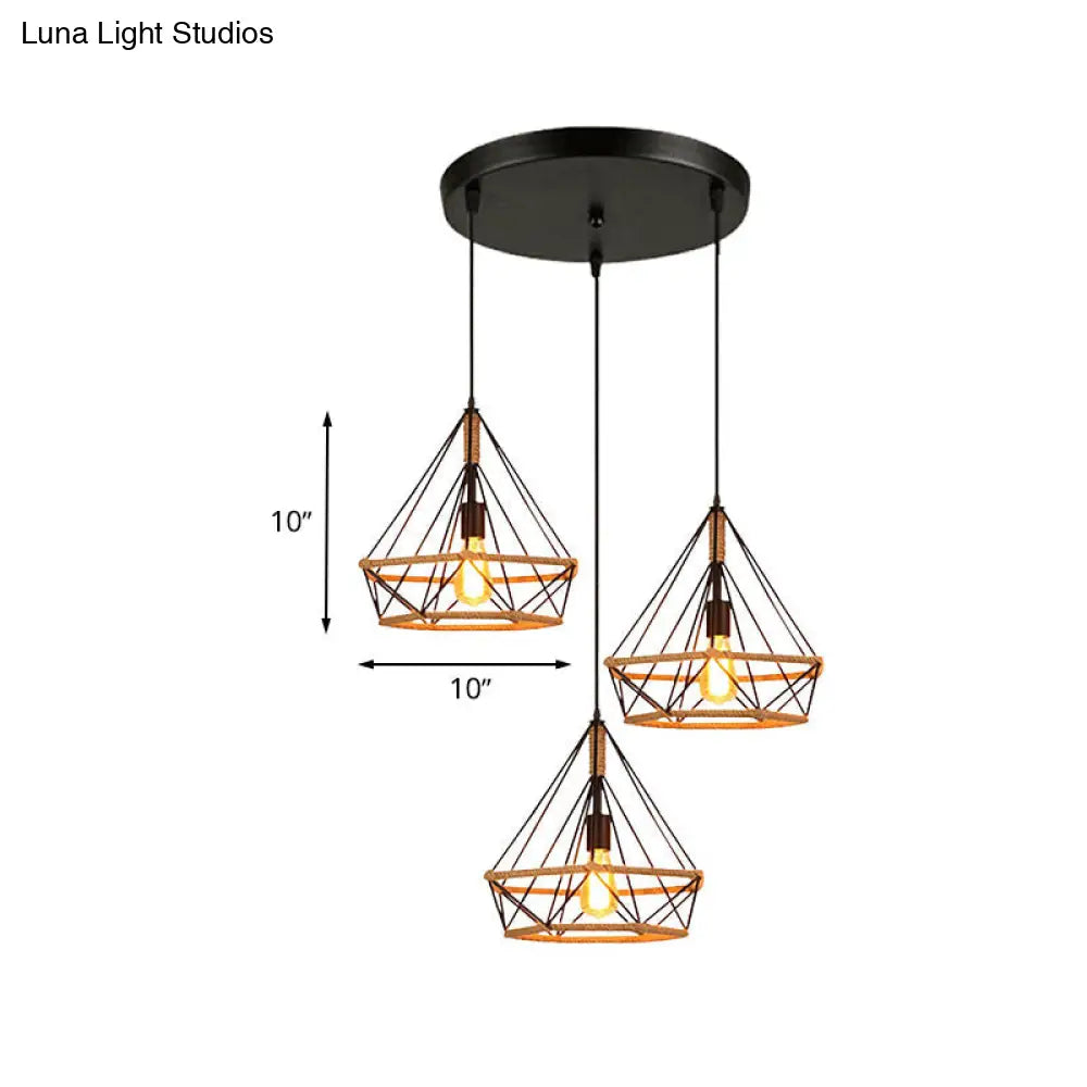 Stylish Diamond Cage Pendant Lamp - 3-Light Metal And Rope Hanging Fixture With Black Round/Linear
