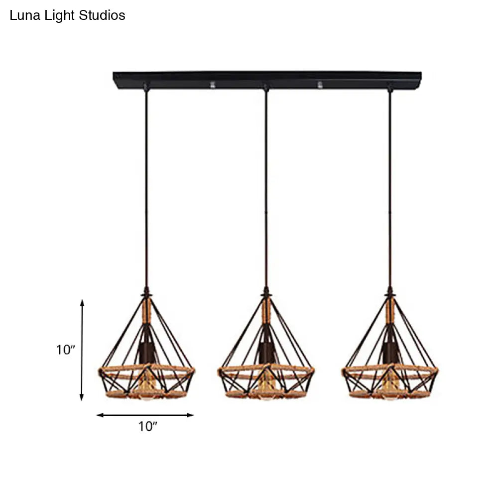 Diamond Cage Pendant Lamp - Industrial Stylish 3 Lights Metal And Rope Black