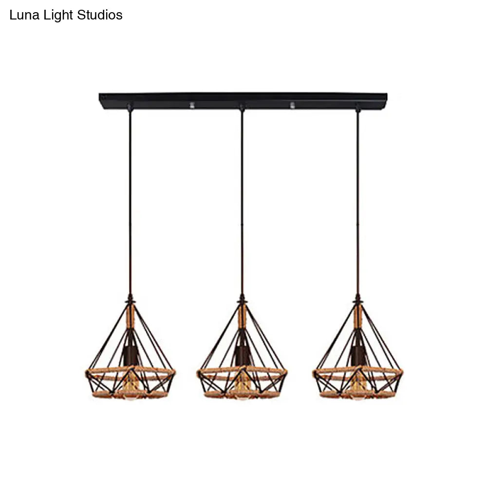 Stylish Diamond Cage Pendant Lamp - 3-Light Metal And Rope Hanging Fixture With Black Round/Linear