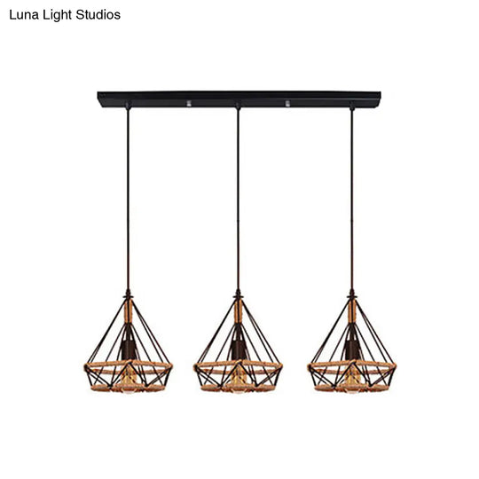 Stylish Diamond Cage Pendant Lamp - 3-Light Metal And Rope Hanging Fixture With Black Round/Linear