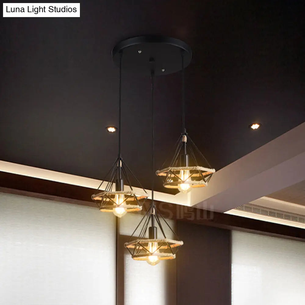 Stylish Diamond Cage Pendant Lamp - 3-Light Metal And Rope Hanging Fixture With Black Round/Linear