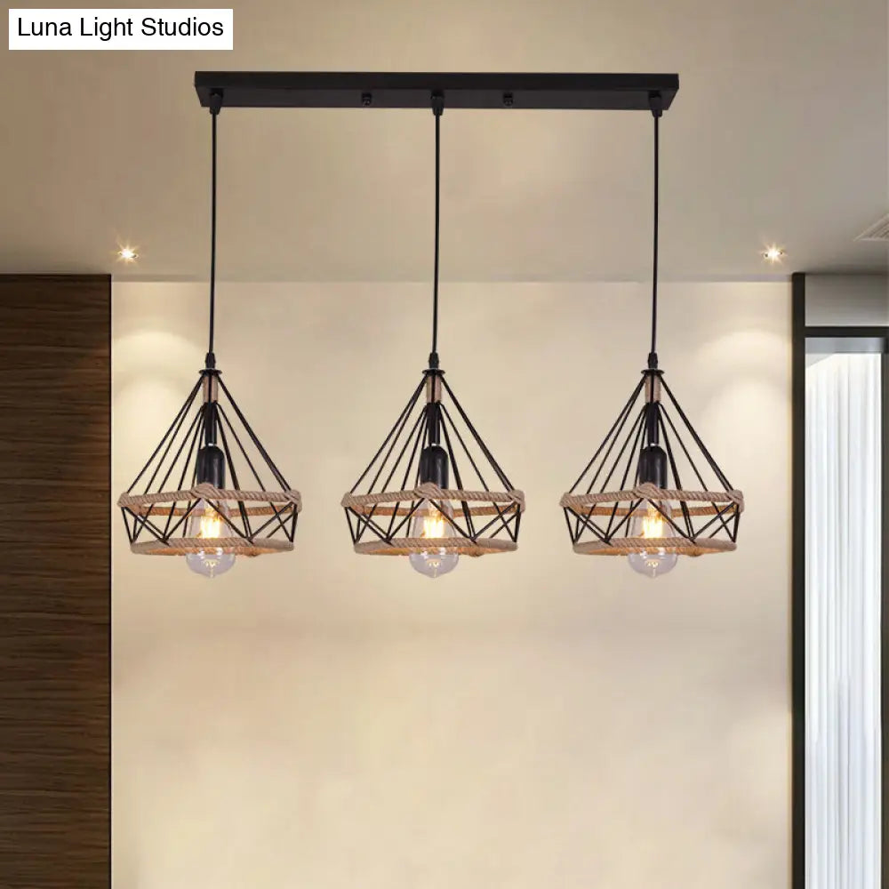 Stylish Diamond Cage Pendant Lamp - 3-Light Metal And Rope Hanging Fixture With Black Round/Linear