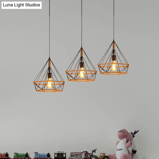 Diamond Cage Pendant Lamp - Industrial Stylish 3 Lights Metal And Rope Black