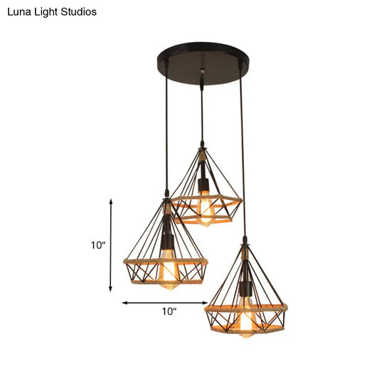 Diamond Cage Pendant Lamp - Industrial Stylish 3 Lights Metal And Rope Black