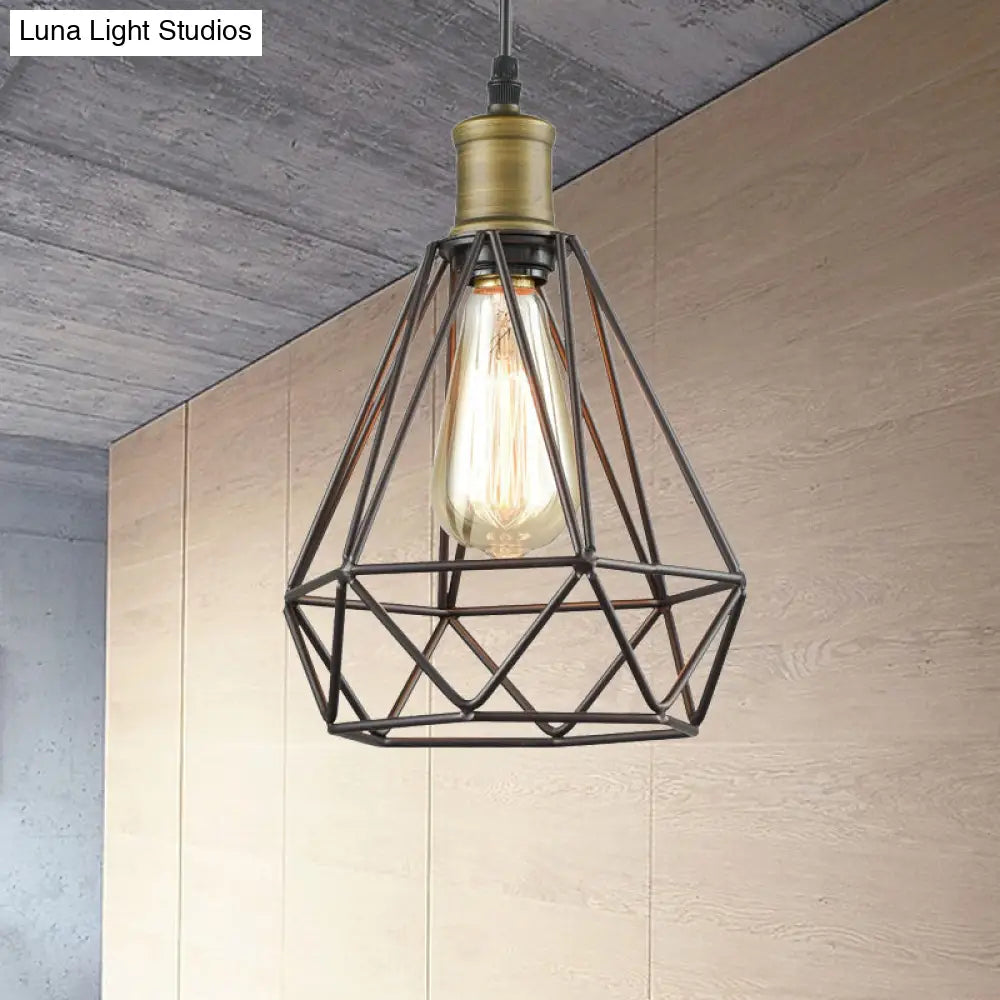 Diamond Cage Pendant Light In Retro Style- Brass/Antique For Living Room