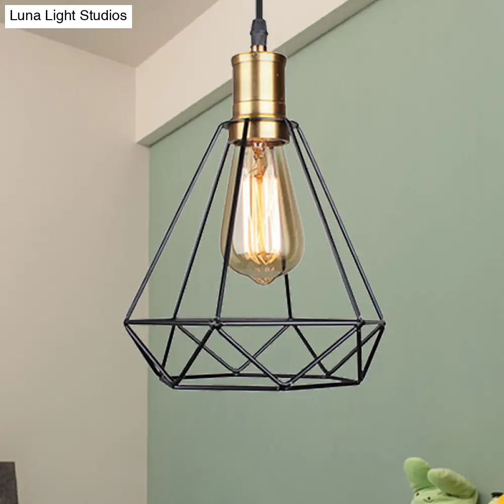 Vintage Diamond Cage Pendant Light - Iron Hanging Lamp In Brass For Living Room