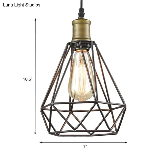 Vintage Diamond Cage Pendant Light - Iron Hanging Lamp In Brass For Living Room