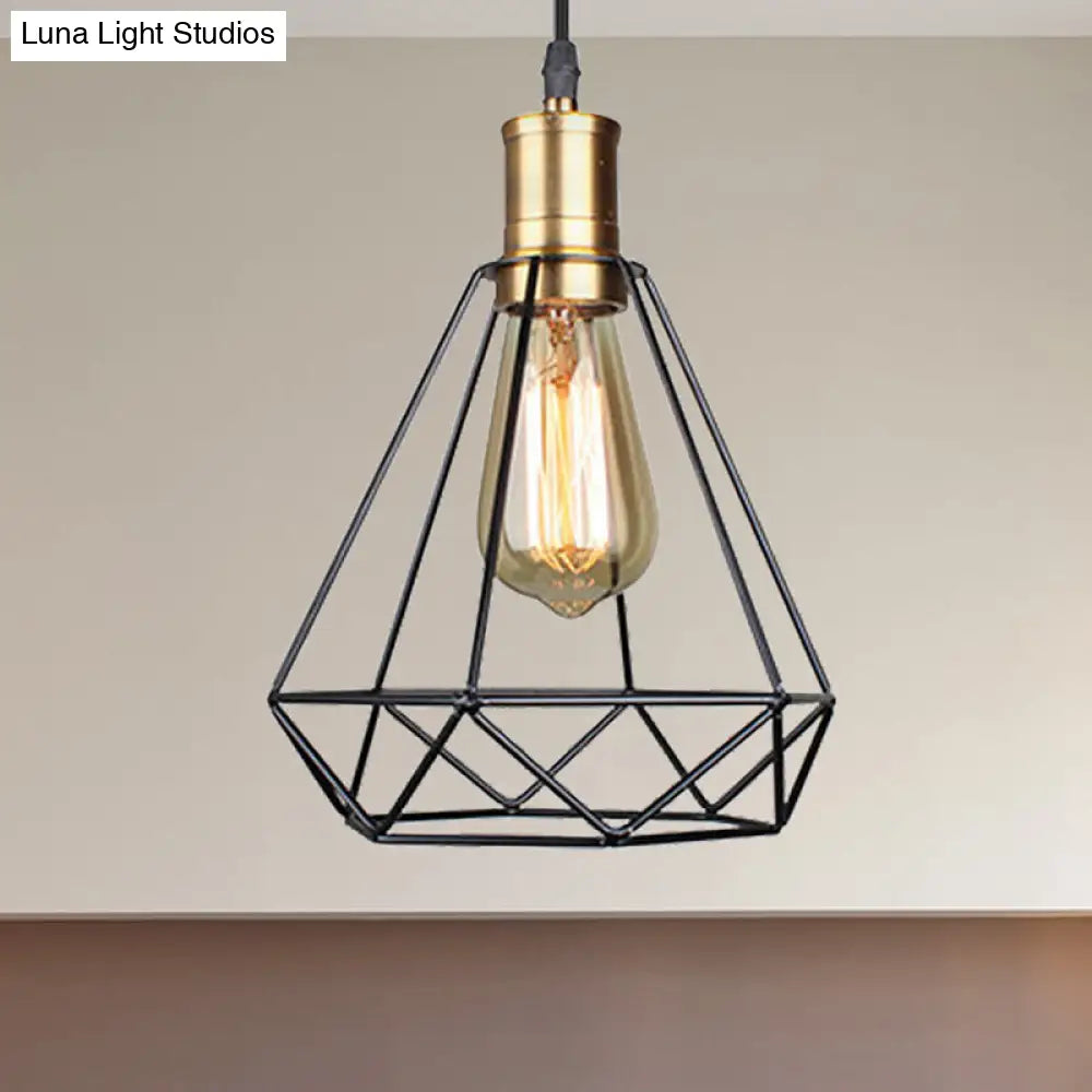 Vintage Diamond Cage Pendant Light - Iron Hanging Lamp In Brass For Living Room