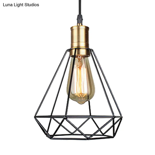 Vintage Diamond Cage Pendant Light - Iron Hanging Lamp In Brass For Living Room