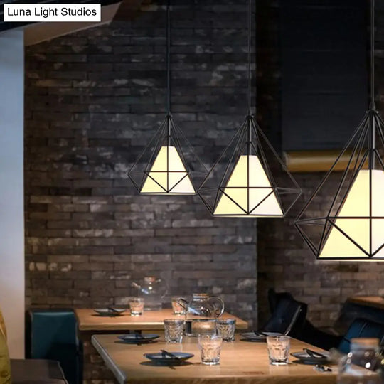 Diamond Cage Pendant With 3 Lights - Industrial Iron Ceiling For Bar Using Hanging Cord