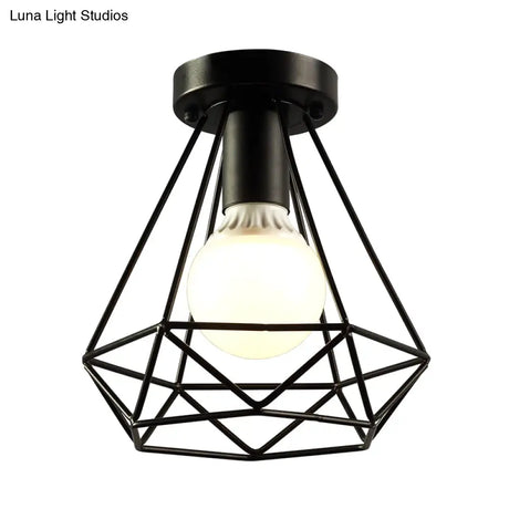 Diamond Cage Semi Flush Mount Ceiling Light Fixture – Retro Industrial Style For Restaurants