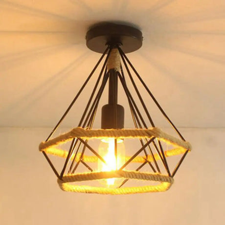 Diamond Cage Semi Flush Mount Retro Industrial Ceiling Lights For Hallway Flaxen