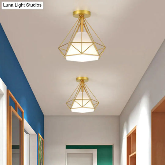 Diamond Ceiling Lamp - Vintage Metal Semi Mount With Single - Bulb Fabric Shade Inside Gold