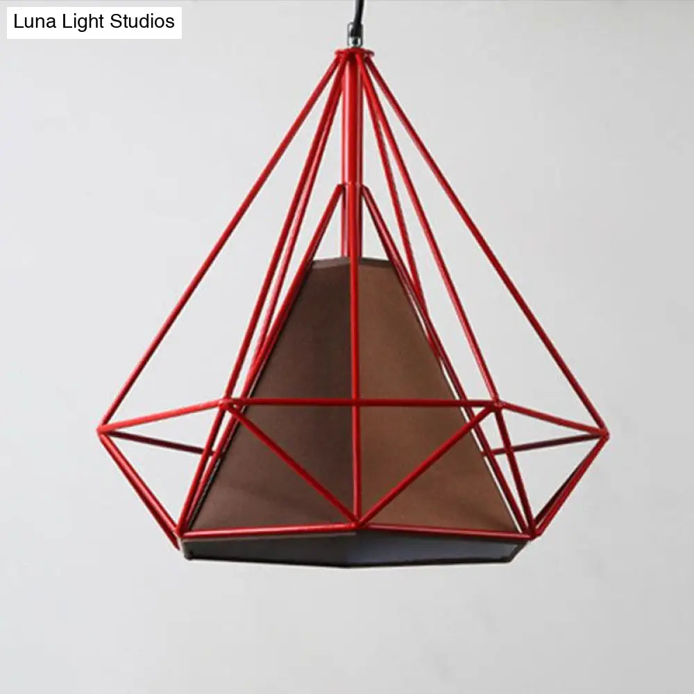 Simplicity Diamond Frame Hanging Light Iron Pendant Lighting Fixture For Restaurants Red / 10