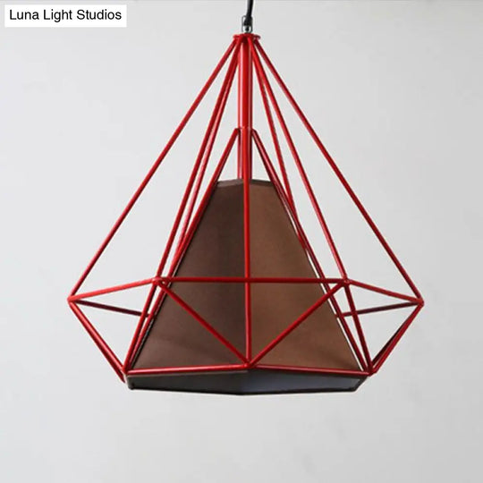 Simplicity Diamond Frame Hanging Light Iron Pendant Lighting Fixture For Restaurants Red / 10
