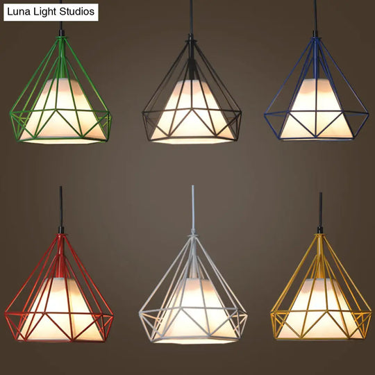 Diamond Loft Ceiling Hang Lamp 1-Head Pendant Lighting In Black/White/Green With Cone Fabric Shade