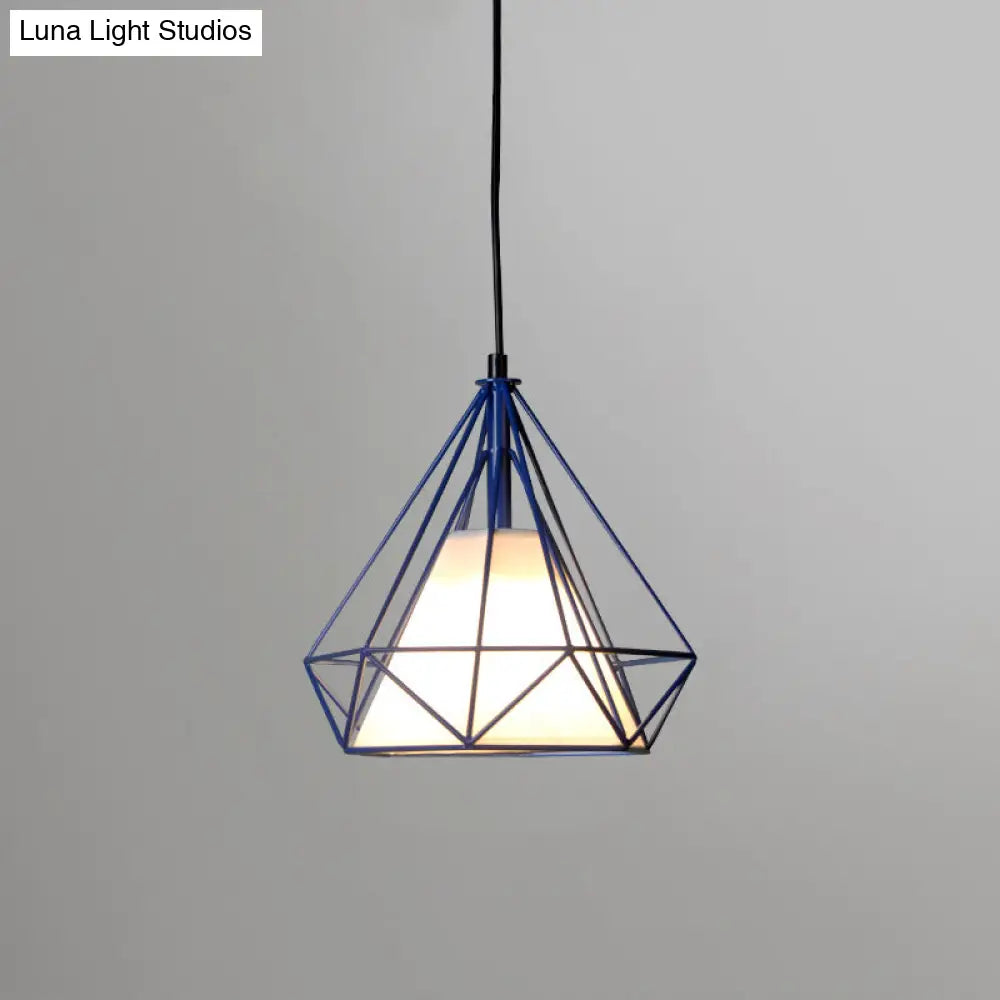 Diamond Loft Ceiling Hang Lamp - 1 Head Iron Pendant Lighting In Black/White/Green With Cone Fabric