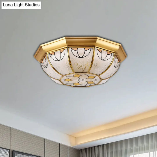Dining Room Ceiling Light Fixture - 4-Light Flush Mount In Colonial Brass With Frosted Glass
