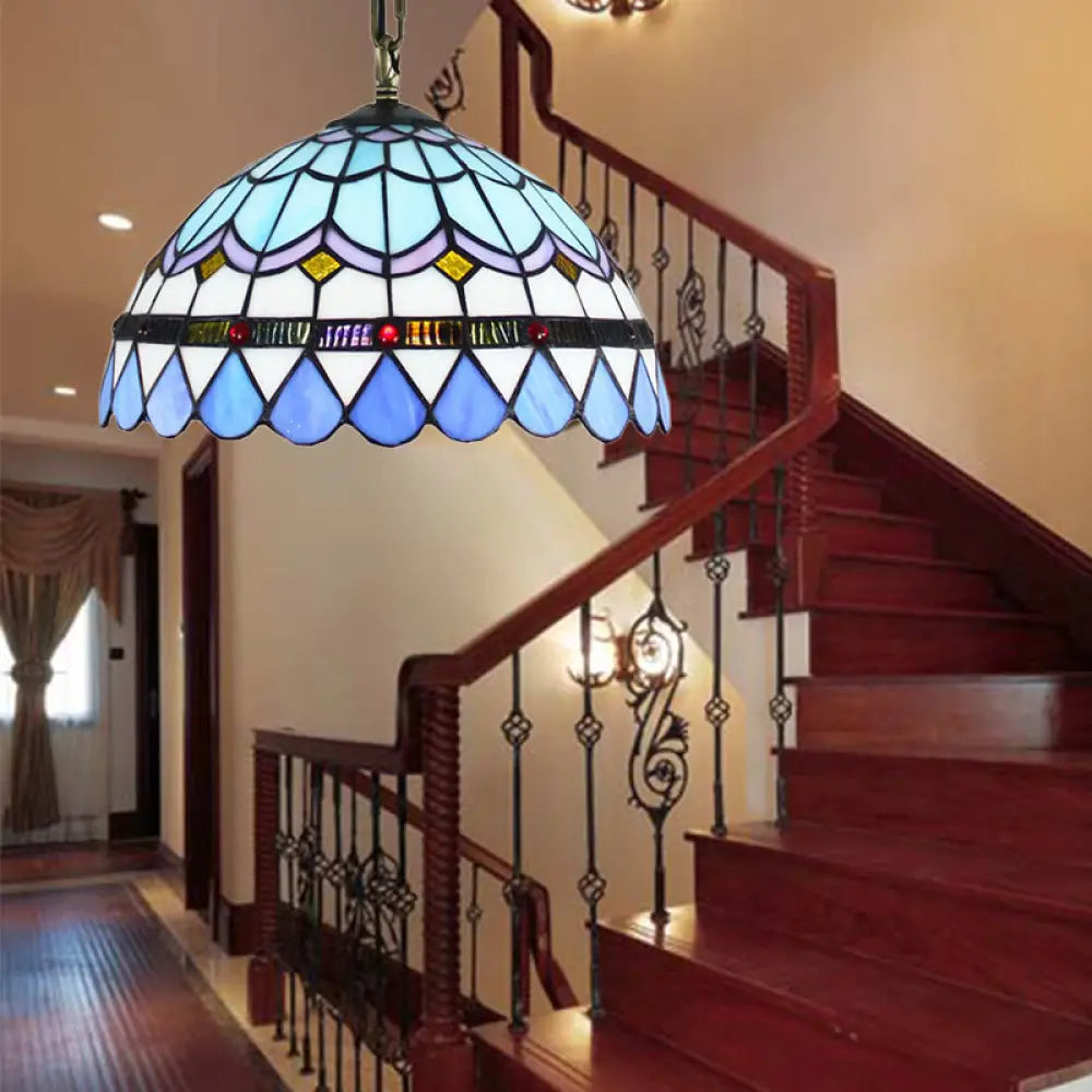 Dining Table Hanging Lights - Floral Shade Pendant Ceiling Lamp In Blue With Tiffany Style Art
