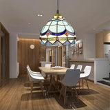 Dining Table Hanging Lights - Floral Shade Pendant Ceiling Lamp In Blue With Tiffany Style Art