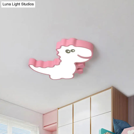 Dinosaur Flush Mount Light For Kids - Iron White/Pink/Green Led Ceiling Fixture Children’s Bedroom