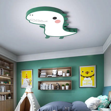 Dinosaur Flushmount Lamp: Pink/Green Cartoon Led Ceiling Light With Acrylic Diffuser (Warm/White)