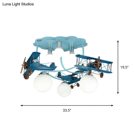 Distressed Blue Wood Plane Ceiling Light With Milk Glass Shade - 6 Bulb Flushmount