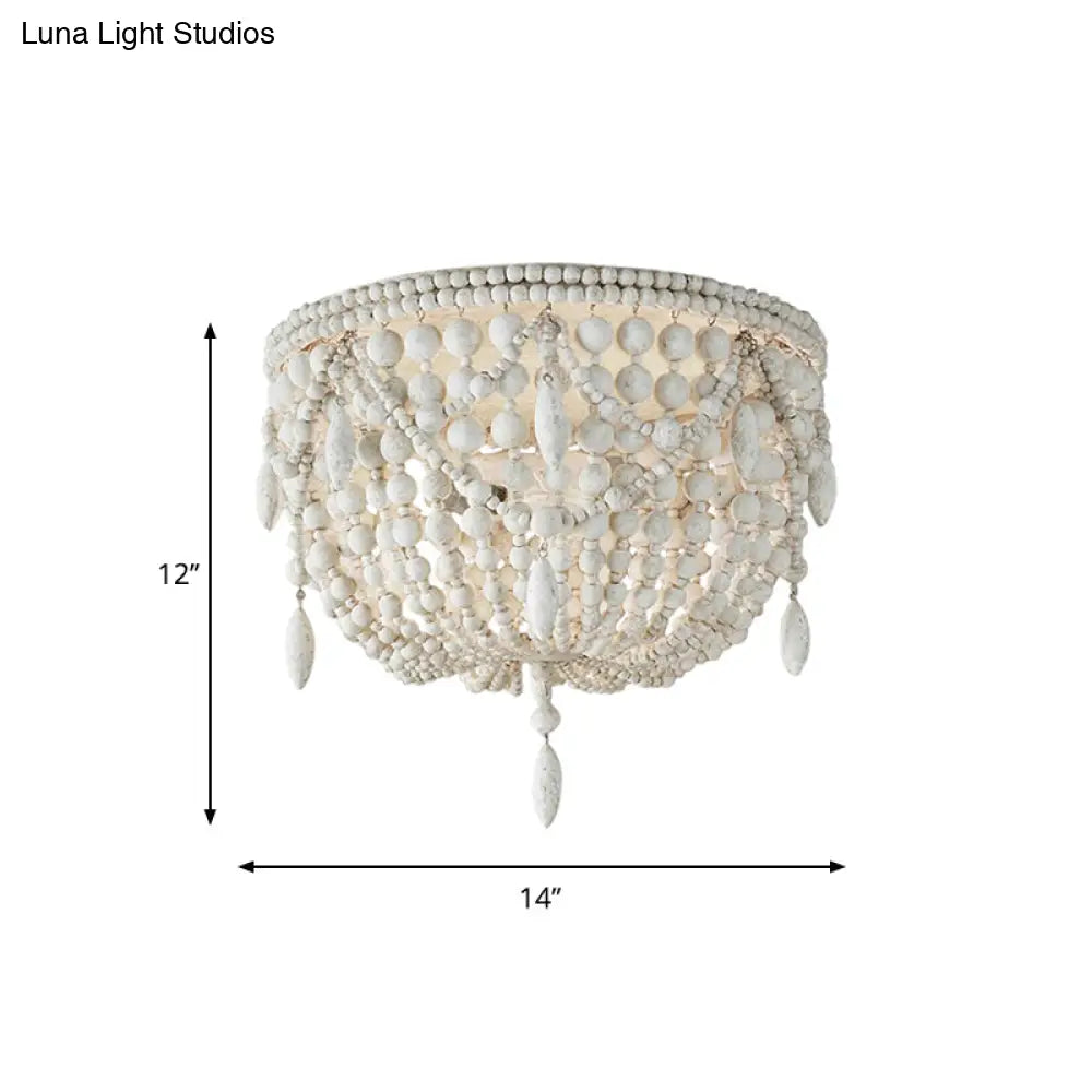 Distressed White Retro Beaded Flush Mount Light With 6 Heads- Wood Close To Ceiling Lamp