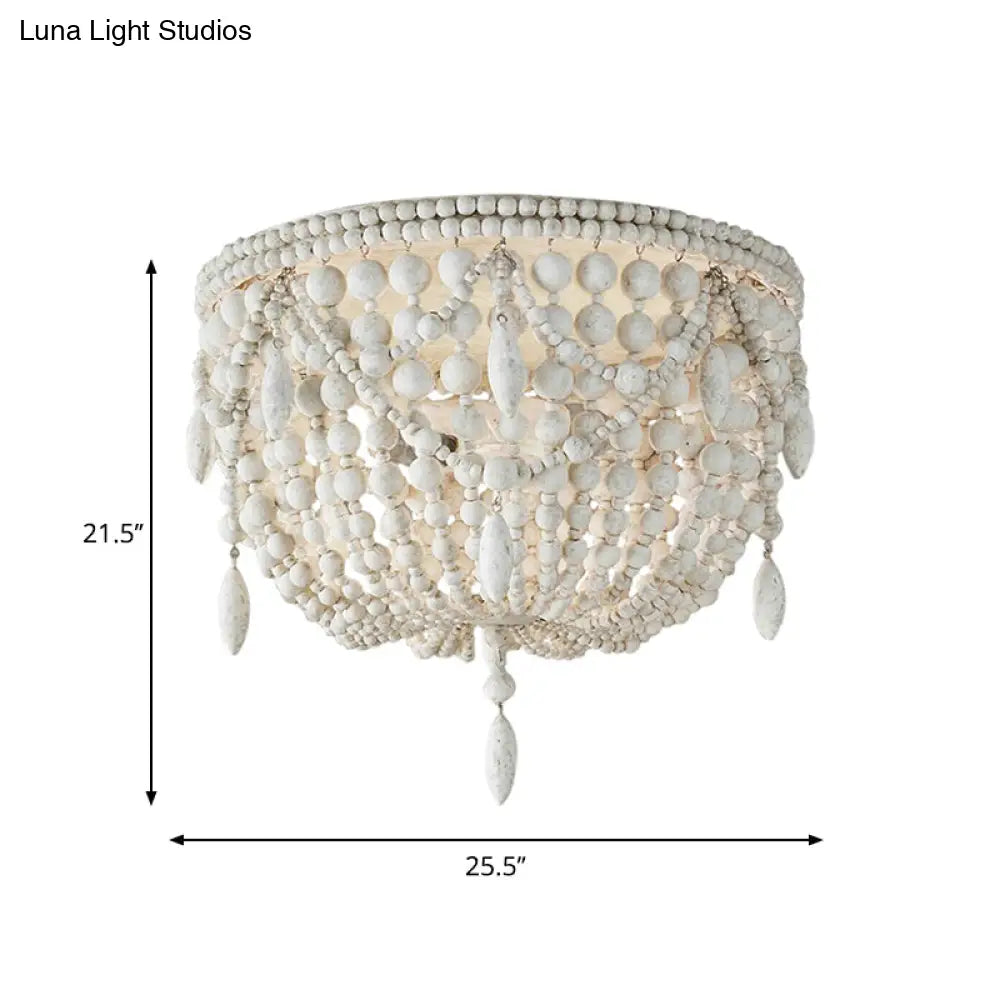 Distressed White Retro Beaded Flush Mount Light With 6 Heads- Wood Close To Ceiling Lamp