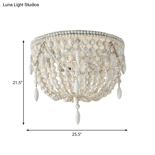Distressed White Retro Beaded Flush Mount Light With 6 Heads- Wood Close To Ceiling Lamp