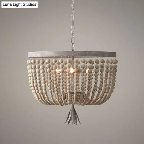 Distressed White Wood Hanging Chandelier For Classic Living Rooms - Caged Suspension Pendant Light