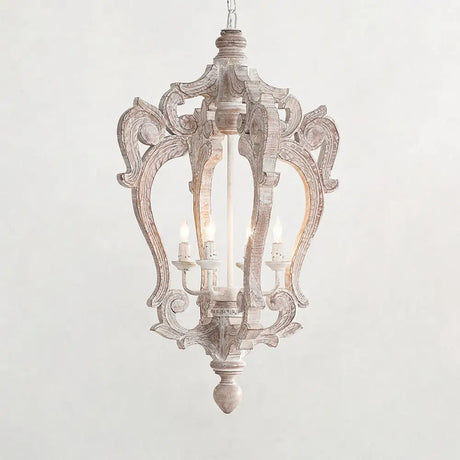 Distressed White Wood Hanging Chandelier For Classic Living Rooms - Caged Suspension Pendant Light /