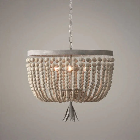 Distressed White Wood Hanging Chandelier For Classic Living Rooms - Caged Suspension Pendant Light /