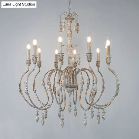 Distressed Wood Pendant Chandelier With Droplet - Classic Lighting For Living Room