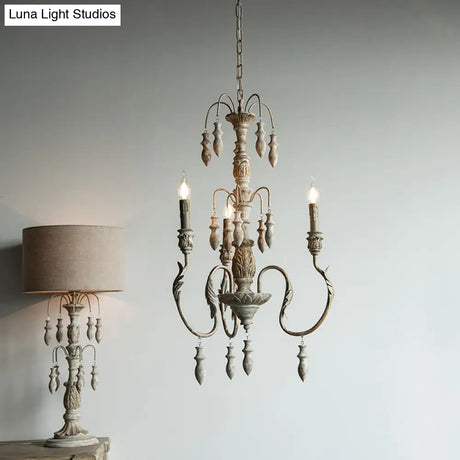 Distressed Wood Pendant Chandelier With Droplet - Classic Lighting For Living Room