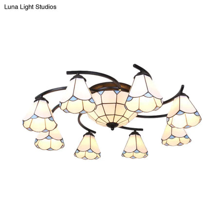 Dome/Conical Semi Flush Mount Mediterranean Ceiling Lamp - 11 Lights White/Blue Glass Ideal For
